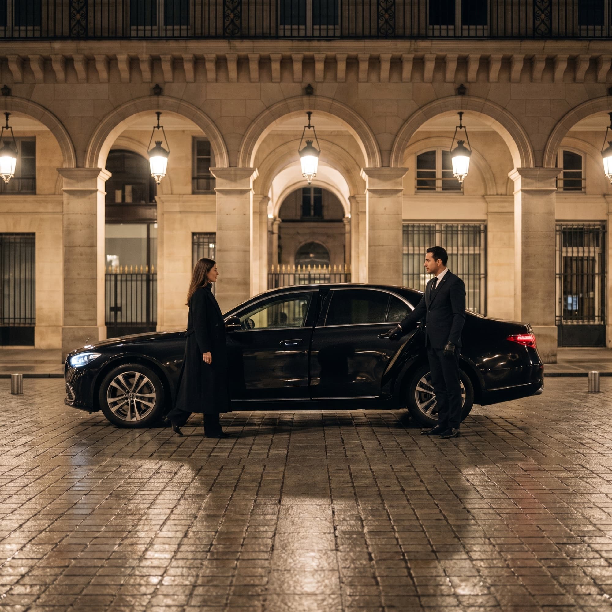 Chauffeur holding the door of a Mercedes S-Class for a guest, at night on a cobbled square in Paris