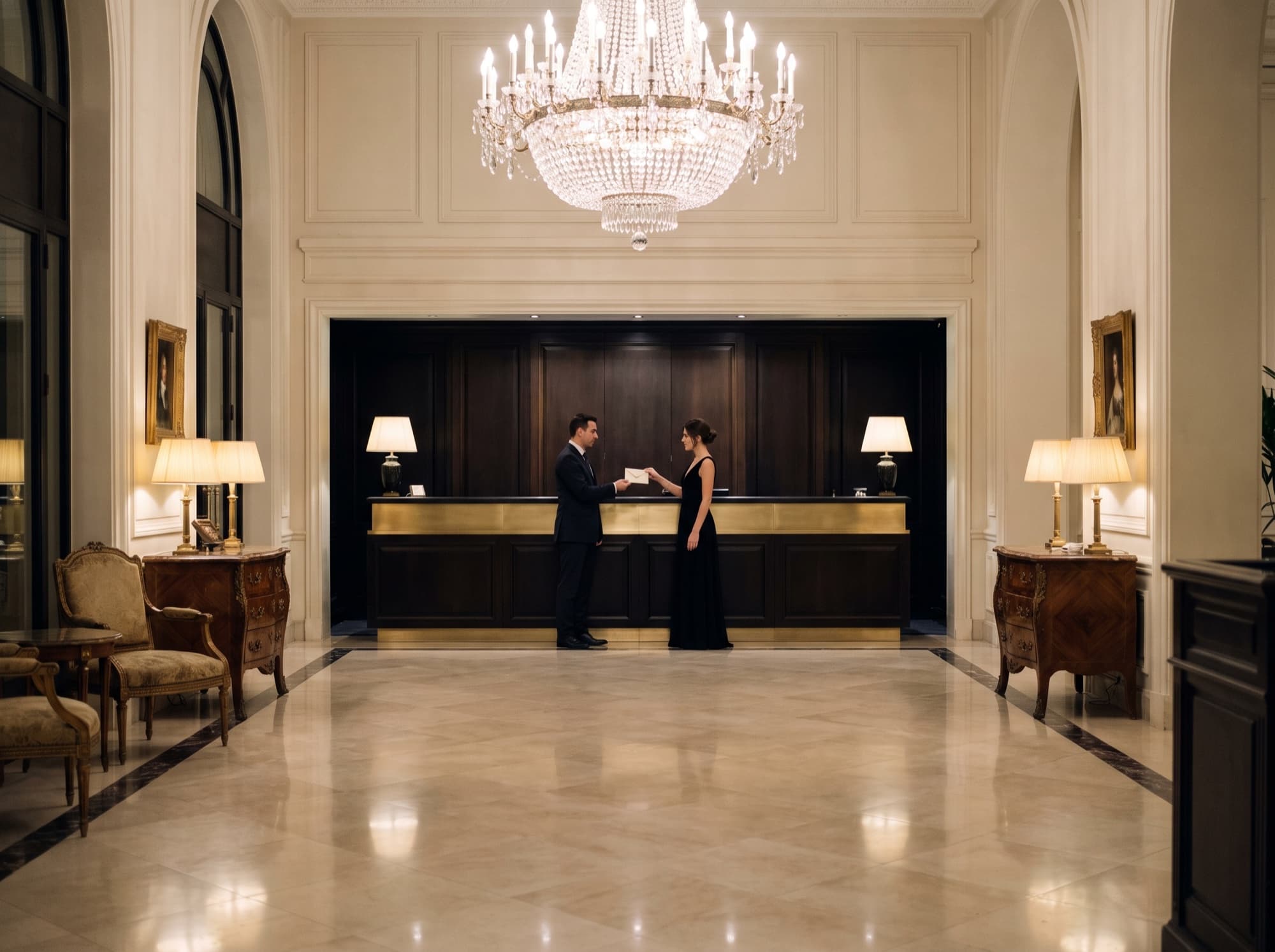 Concierge handing an envelope to a guest in the lobby of a Paris palace hotel