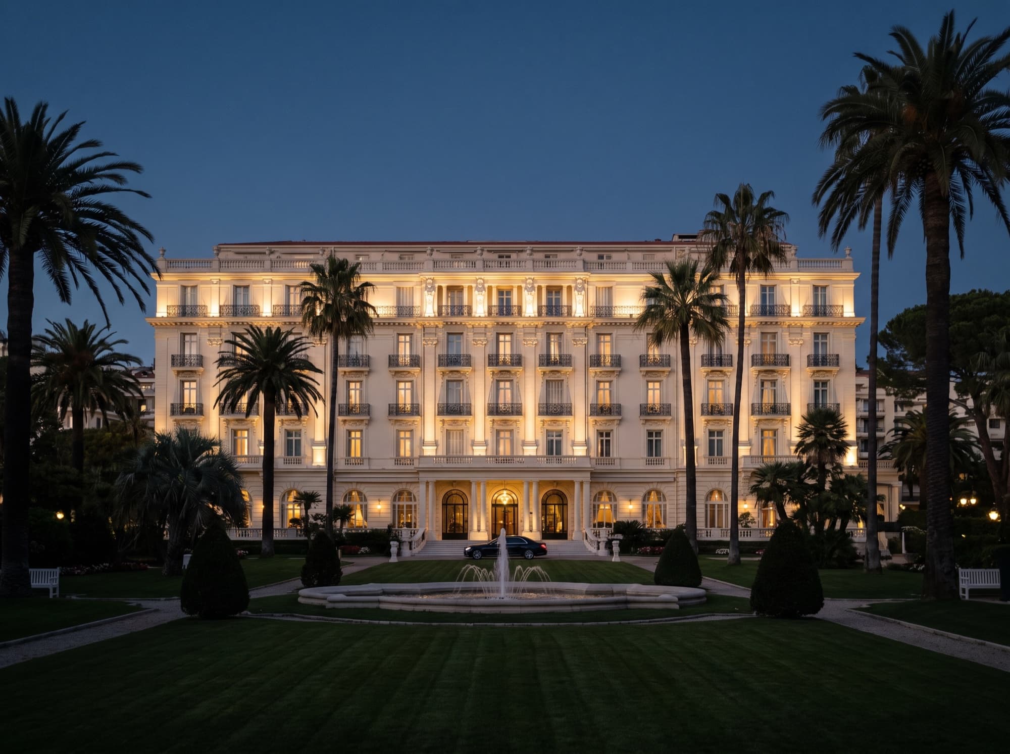 Façade of a palace hotel on the French Riviera lit at blue hour, seen from the garden