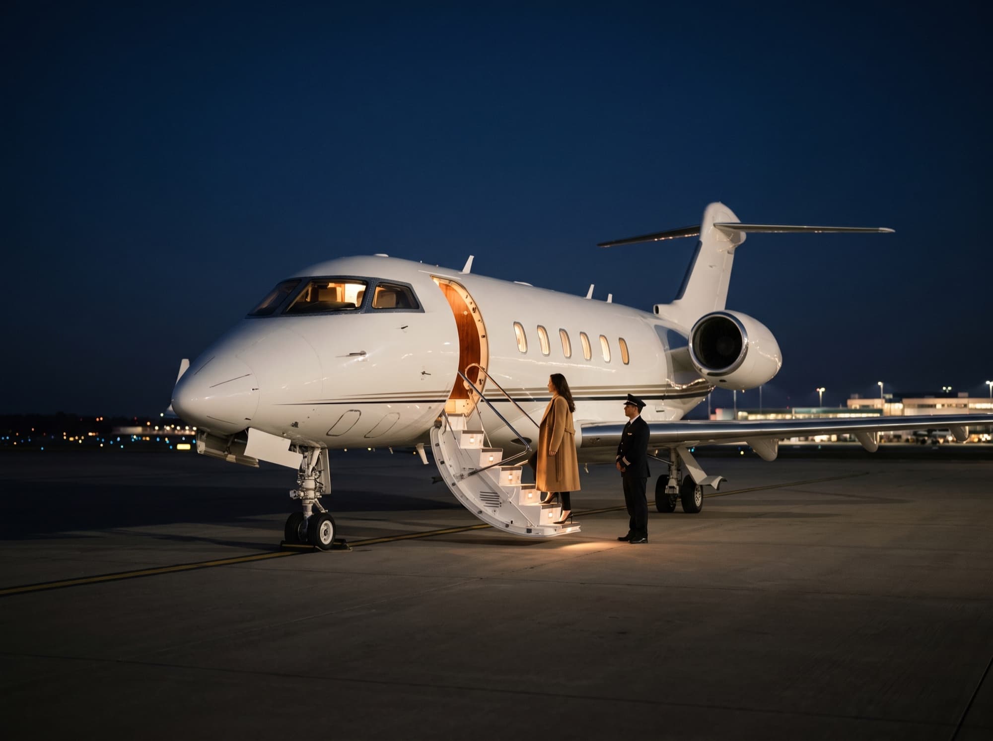Private plane at blue hour, a passenger boarding