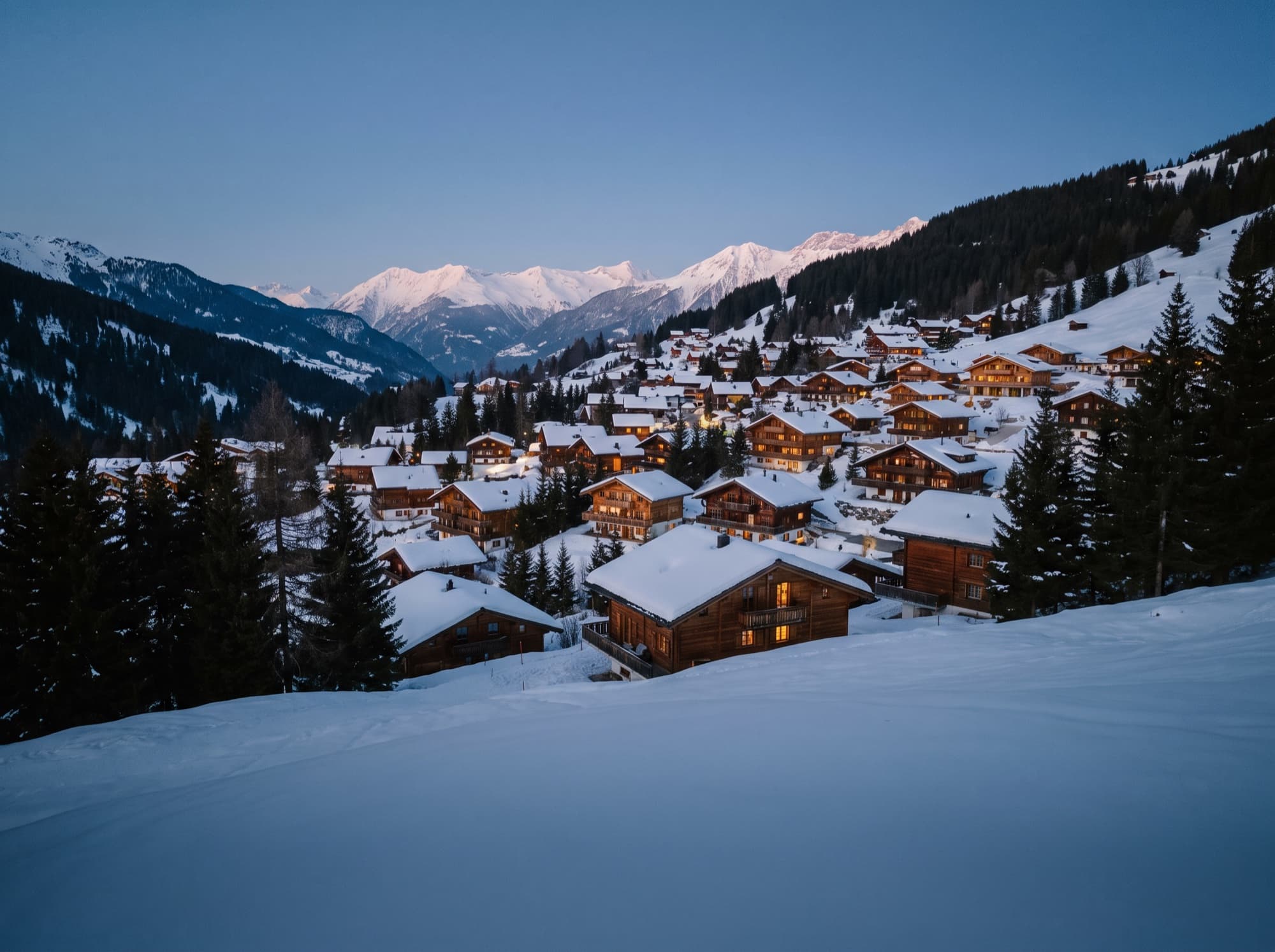 Snowy mountain village at blue hour, with lit chalets