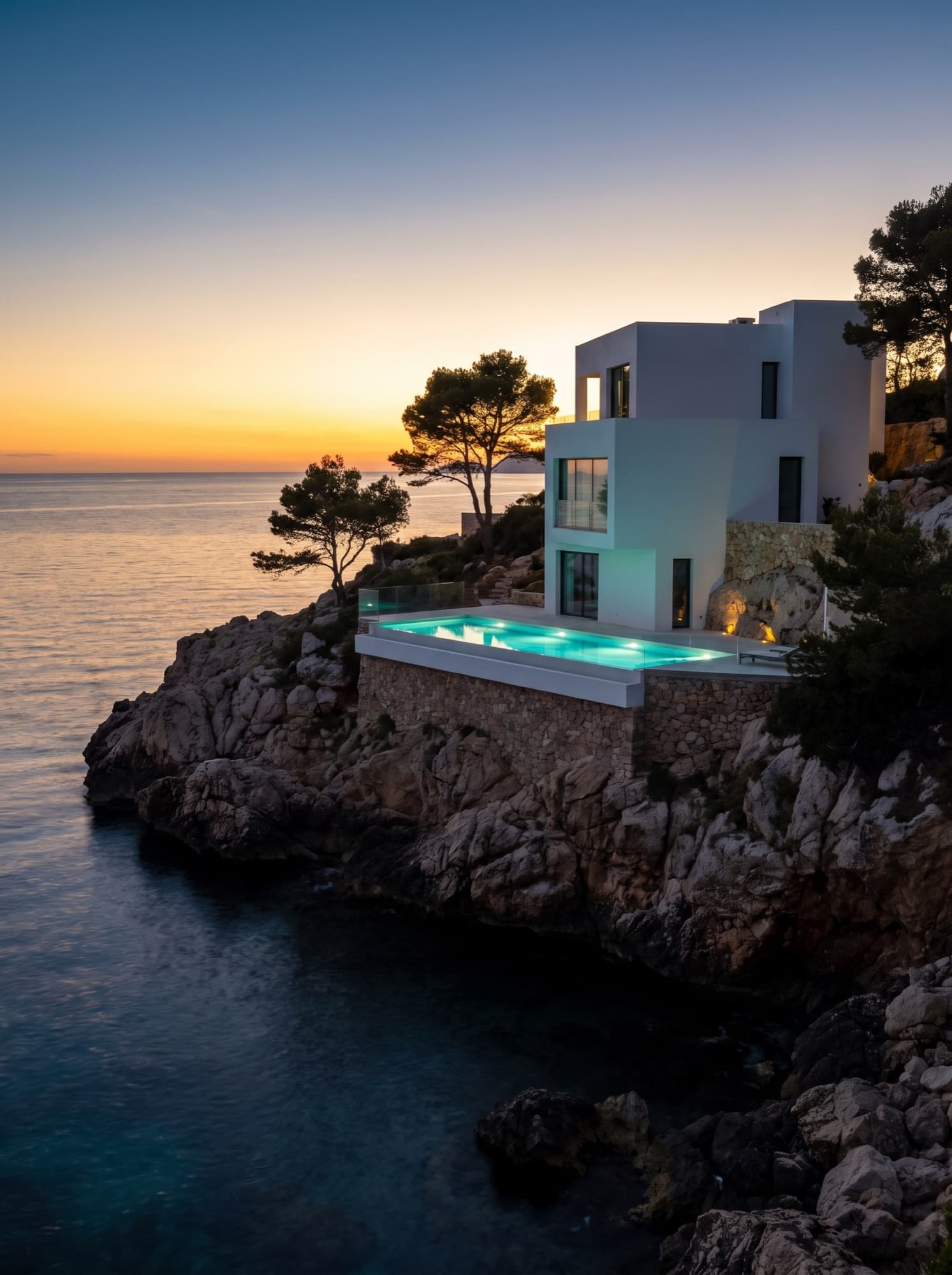 White villa on a cliff in Ibiza at sunset