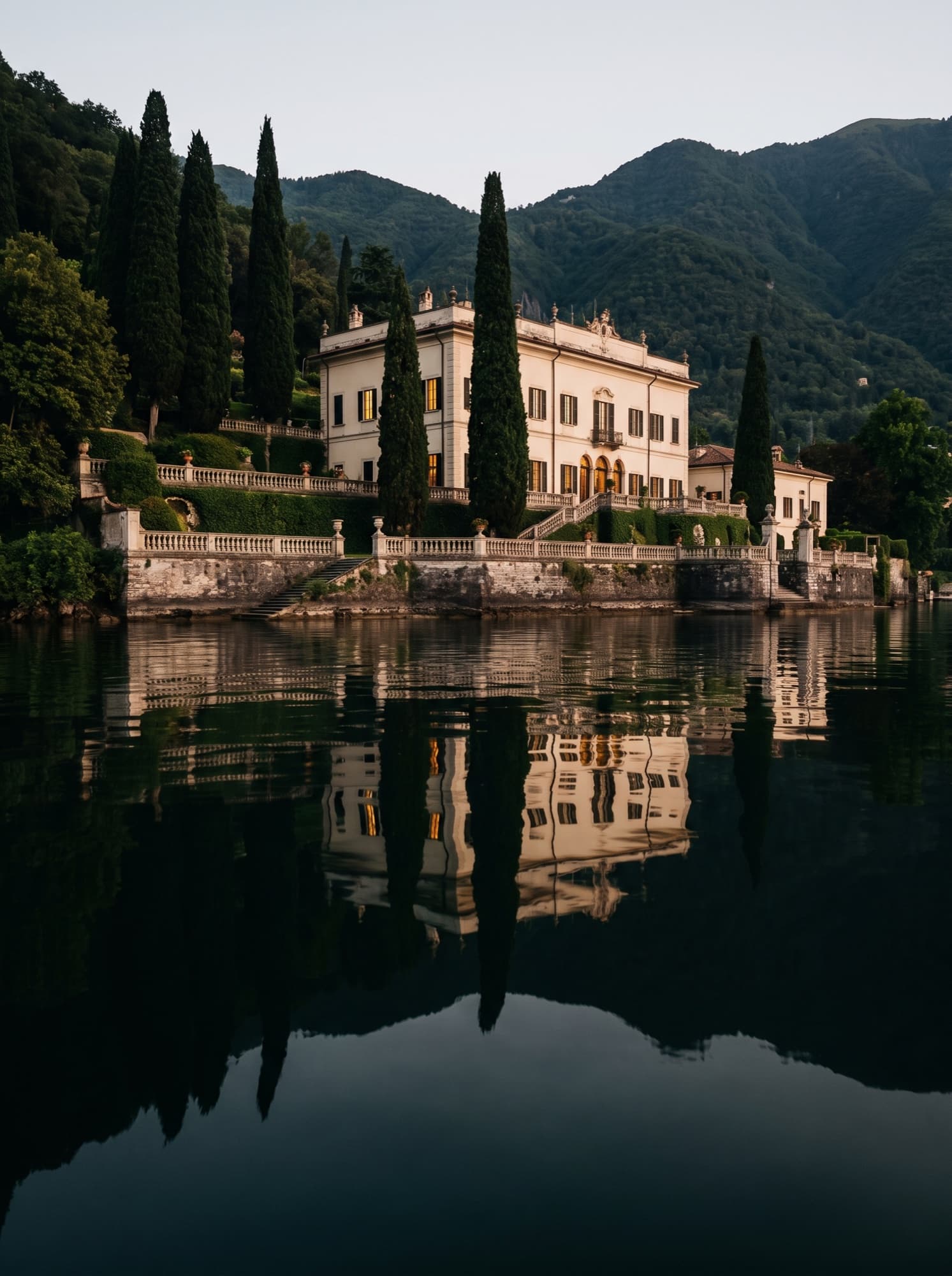 Villa on the shore of Lake Como at dusk, mirrored in the water