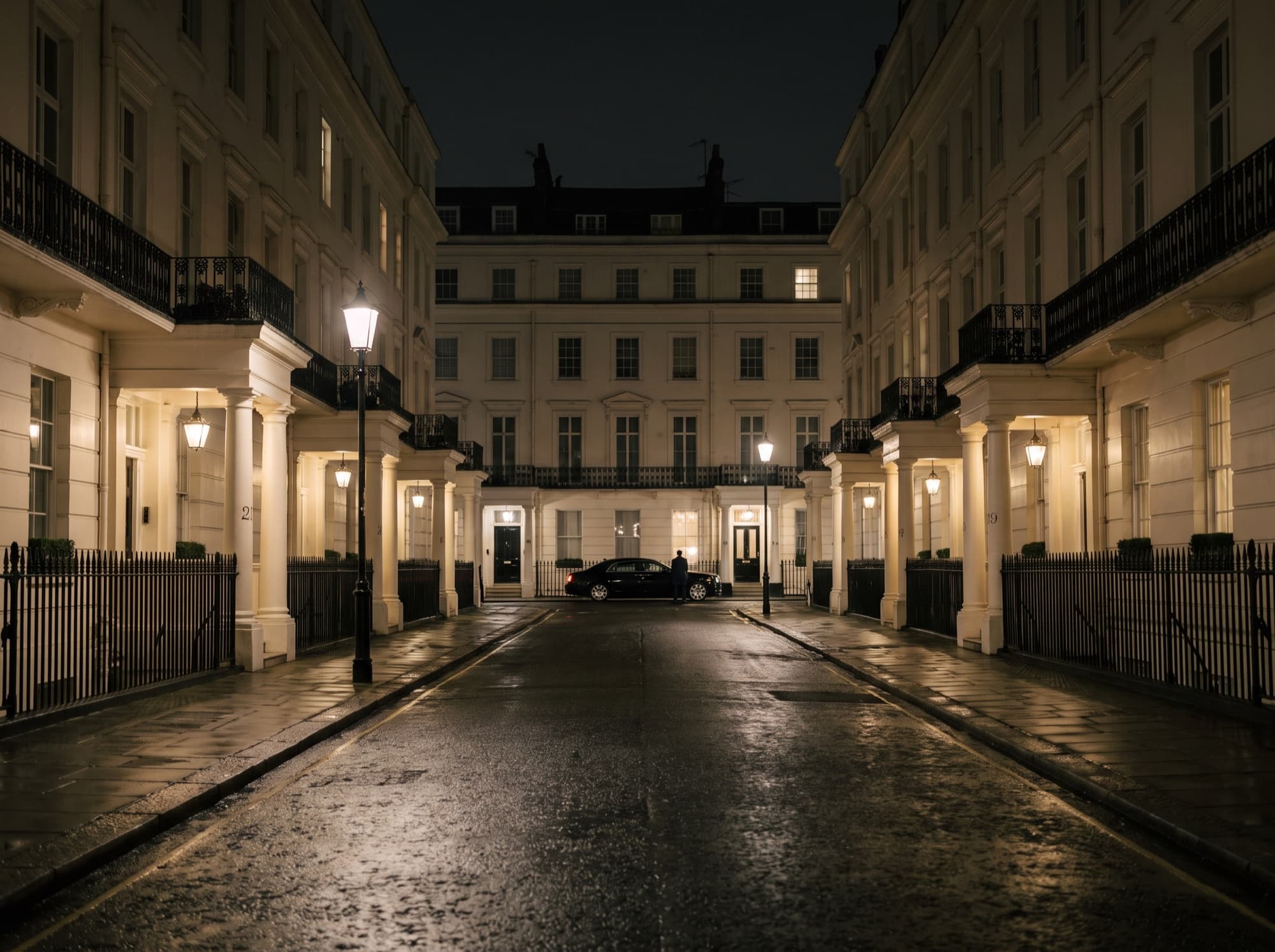 Street of white townhouses in Belgravia, London, at night after the rain
