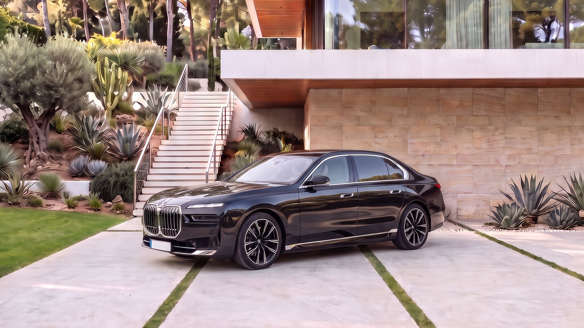 BMW Série 7 noire garée devant une villa contemporaine, au pied d'un escalier blanc et d'un jardin méditerranéen