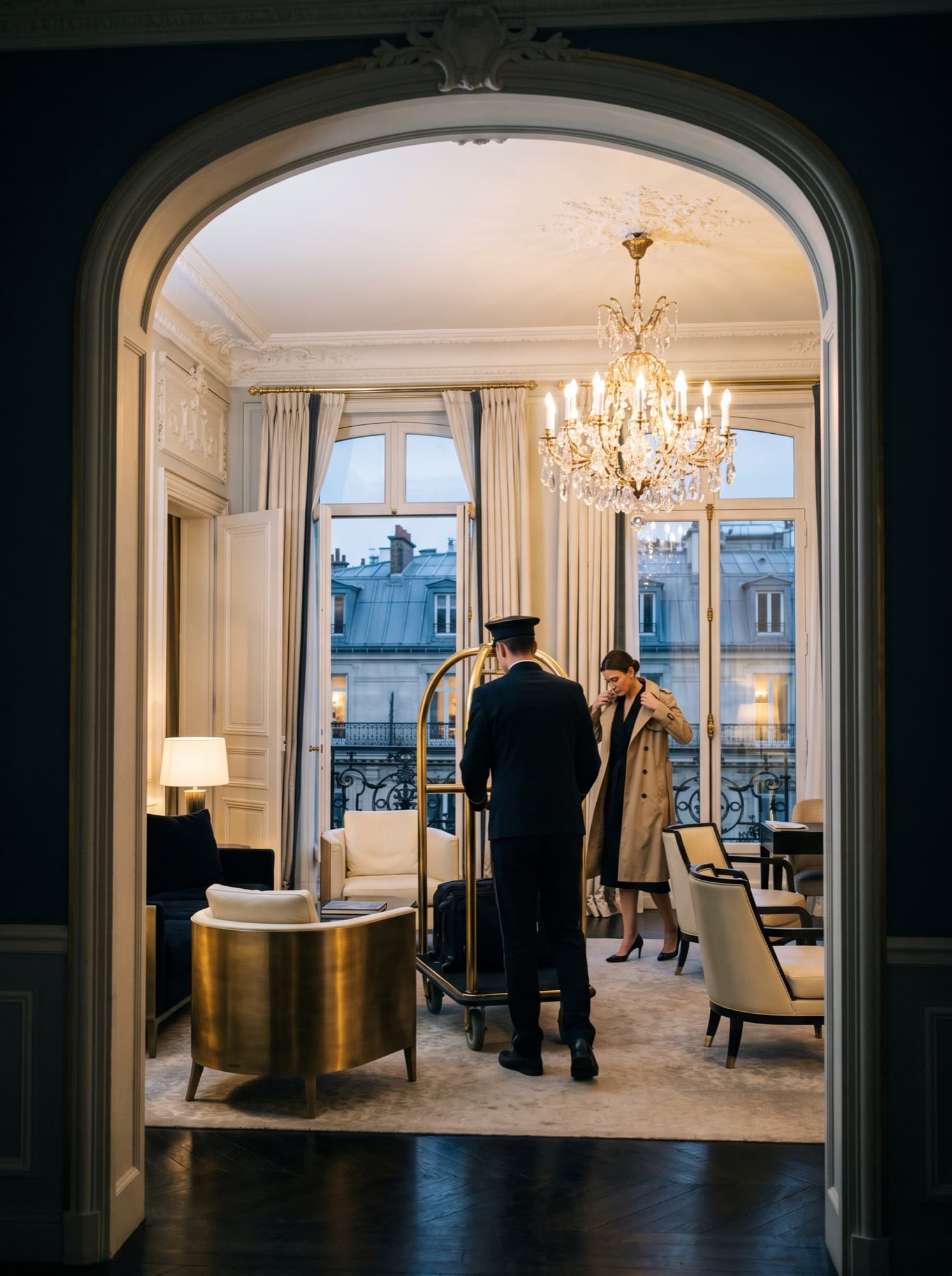 Arrival in a Paris palace suite, a bellman bringing in the luggage
