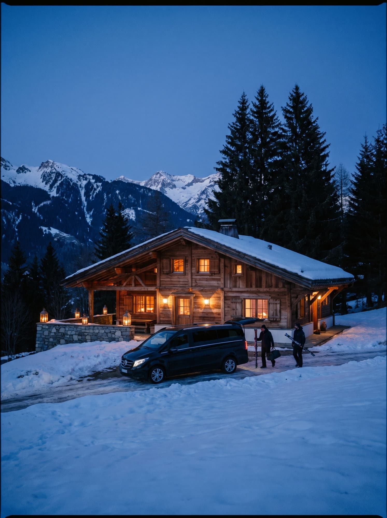 Private chalet lit up in the snow at blue hour, a Mercedes V-Class at the entrance