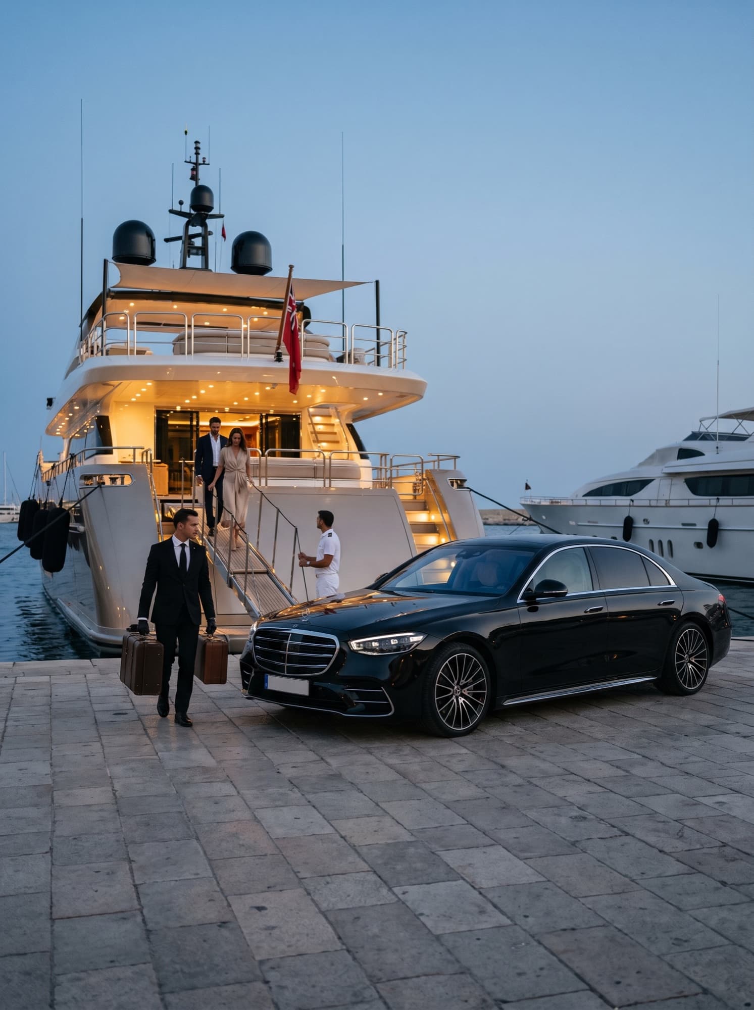 Couple descendant d'un yacht à quai à l'heure bleue, le chauffeur portant les valises jusqu'à la Mercedes