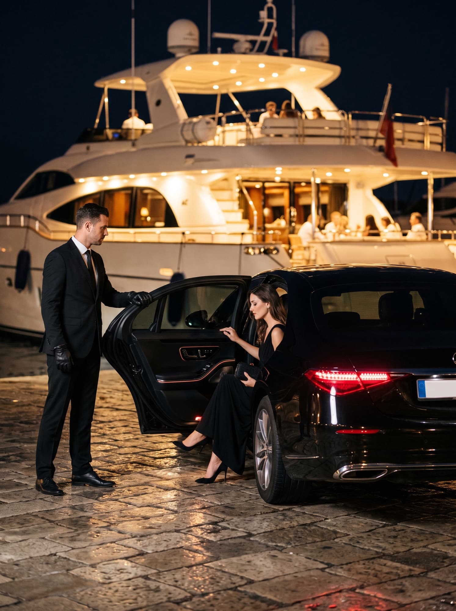 Invitée en robe du soir descendant d'une Mercedes Classe S au pied d'un yacht éclairé, de nuit