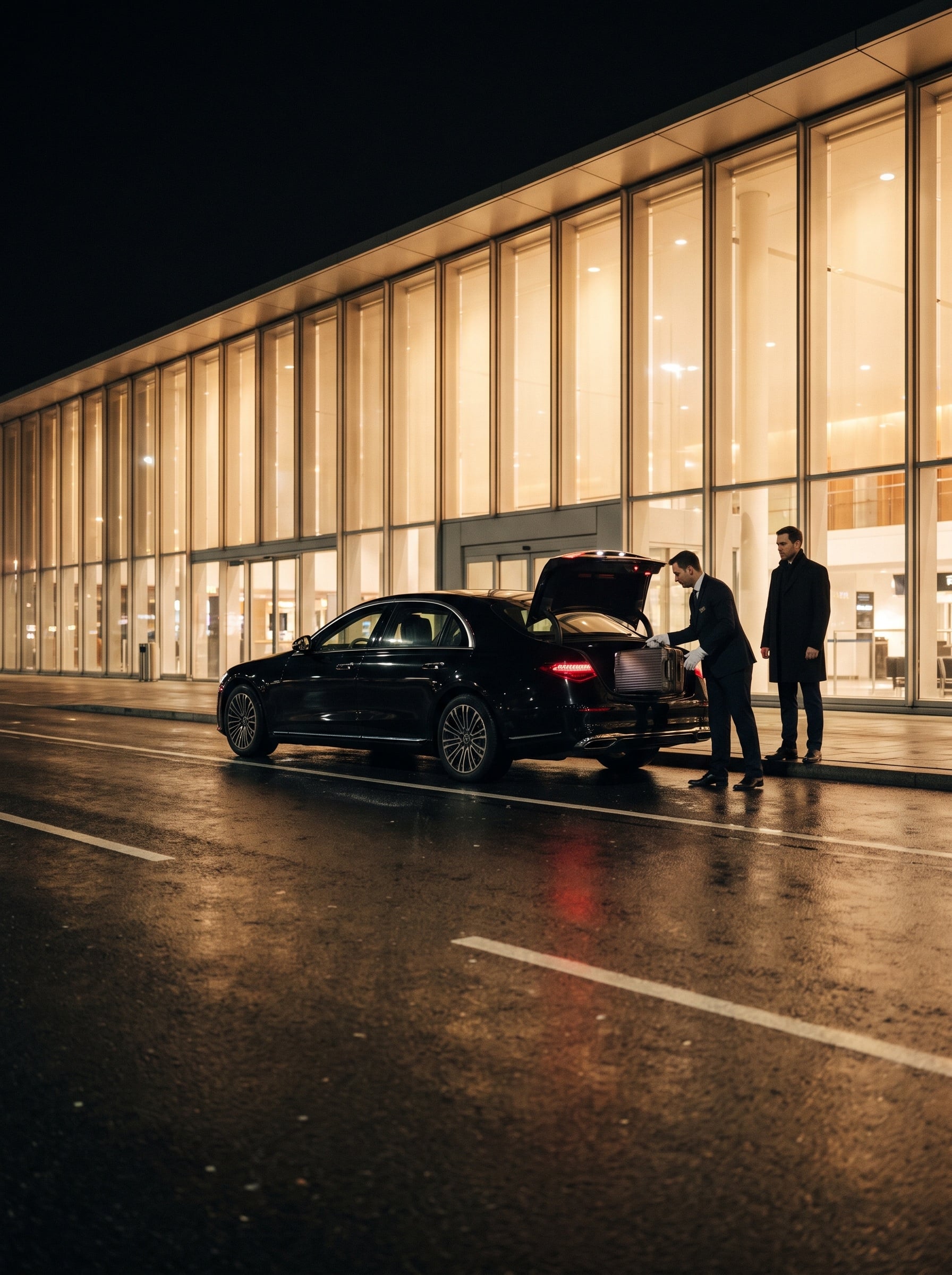 Chauffeur placing a suitcase in the trunk of a black sedan outside a terminal, at night