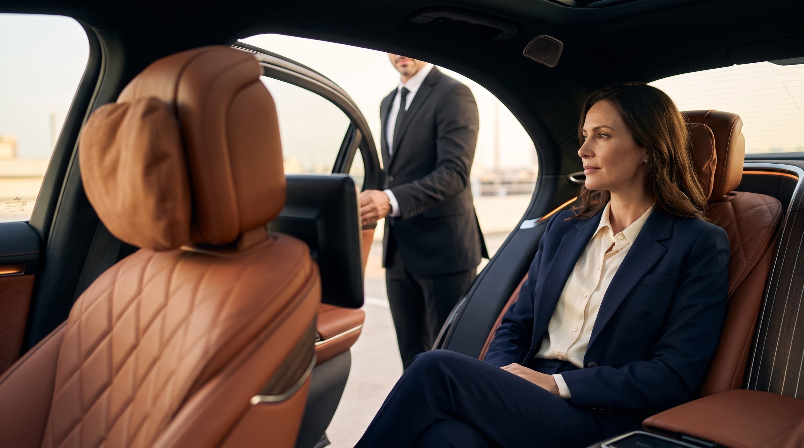 Passenger seated in the back on cognac leather seats, the chauffeur holding the door