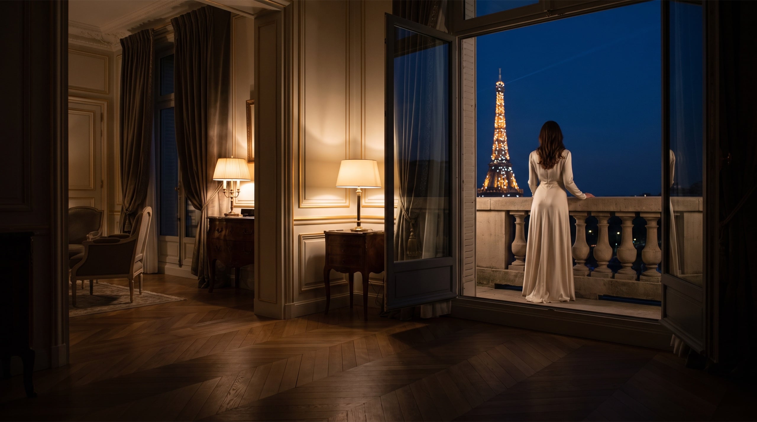 Guest on the balcony of a Paris suite facing the Eiffel Tower, at blue hour