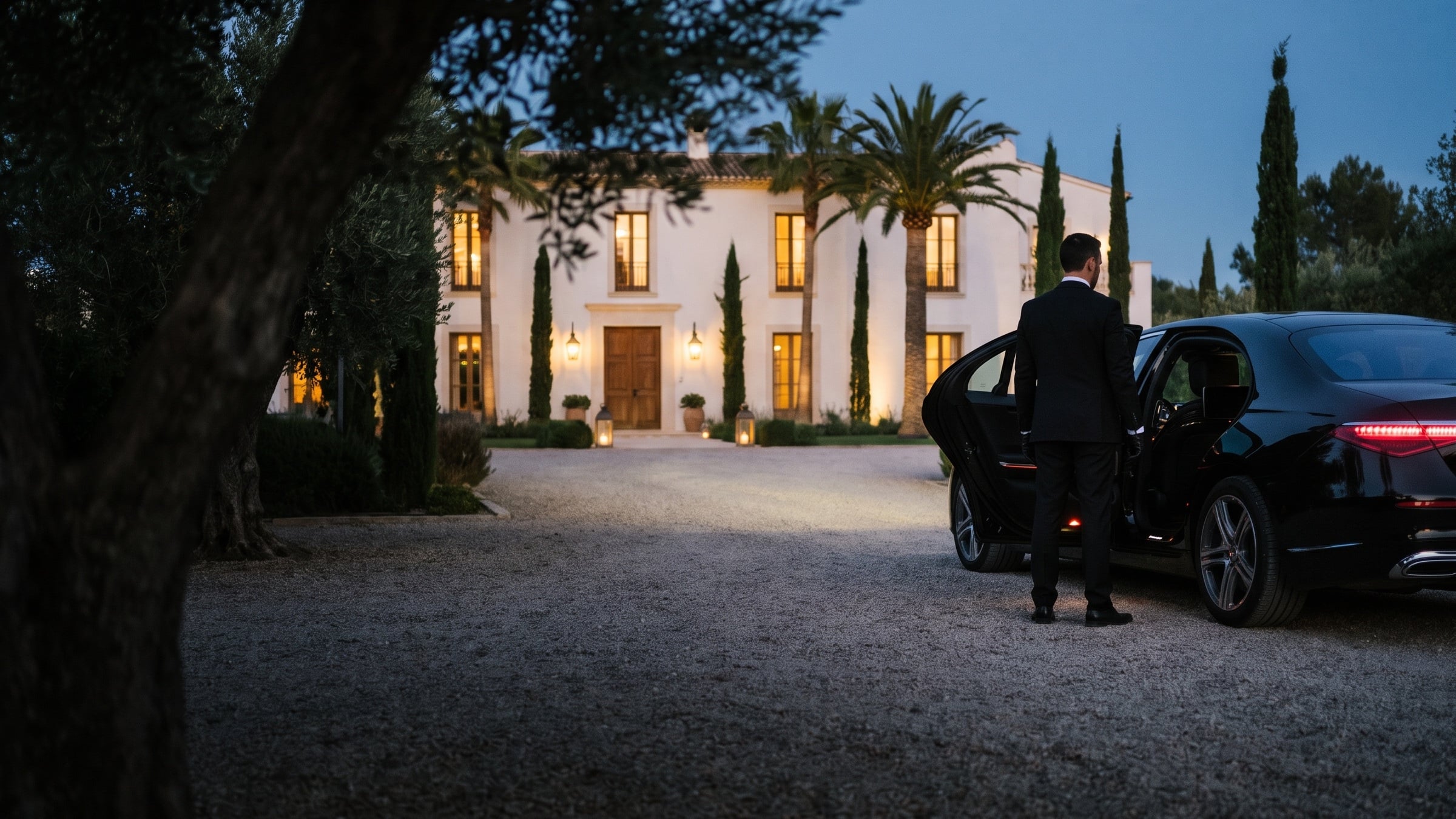 Chauffeur holding the door of a black Mercedes S-Class in a villa driveway, at blue hour