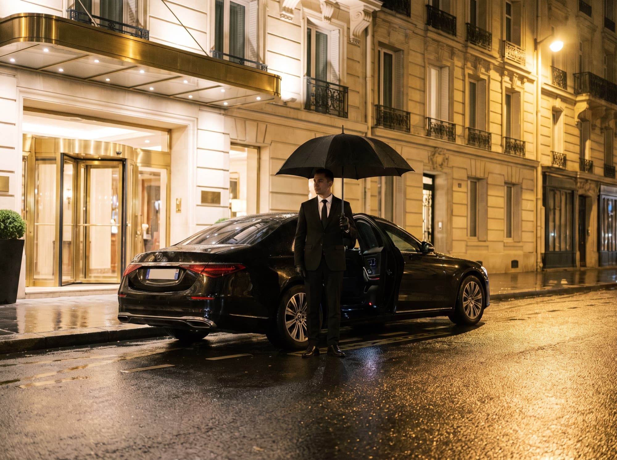 Chauffeur waiting under an umbrella beside a Mercedes S-Class on a rainy evening in Paris