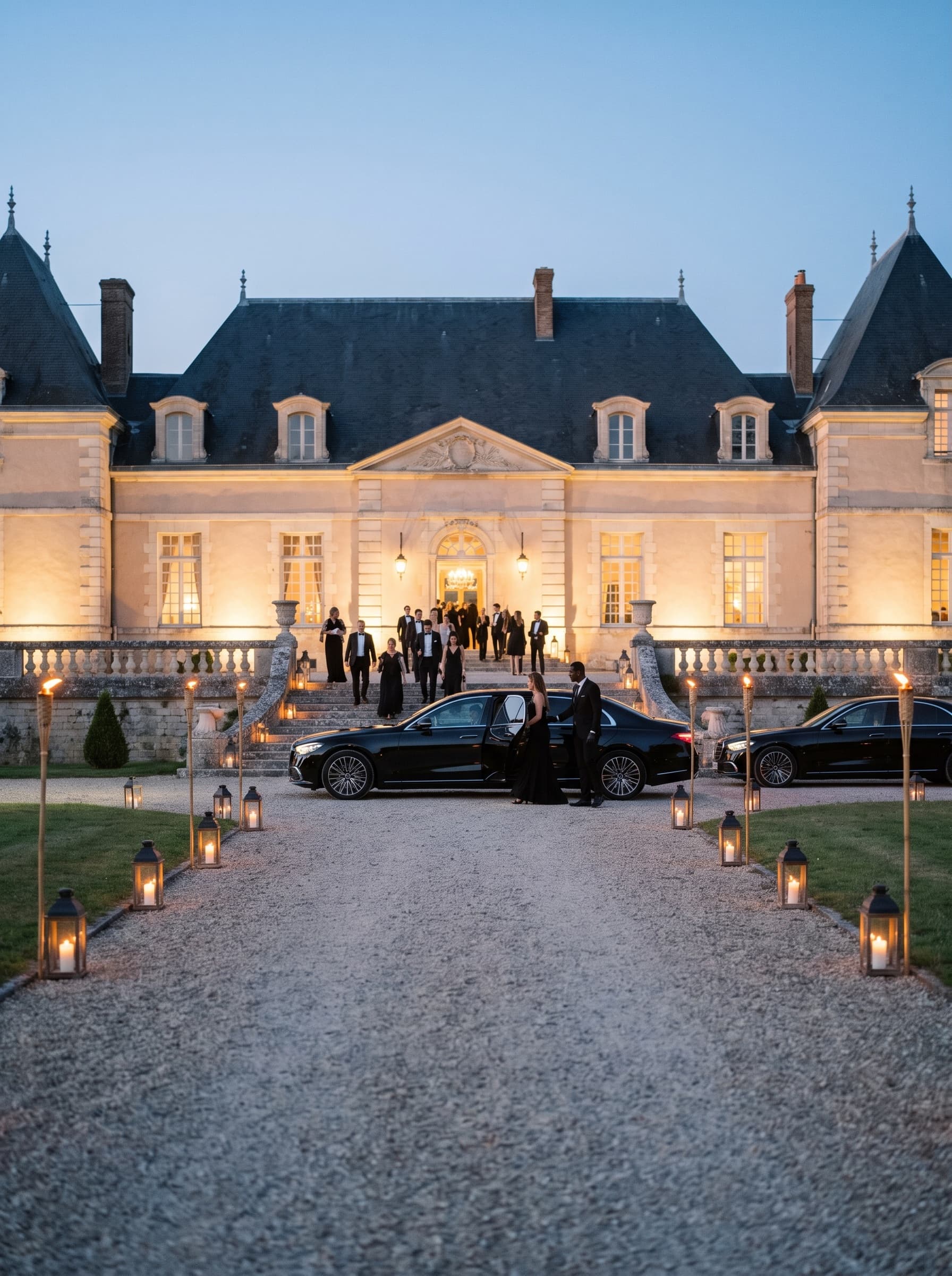 Invités en tenue de soirée sur le perron d'un château à l'heure bleue, les Mercedes Classe S attendant dans l'allée éclairée de lanternes