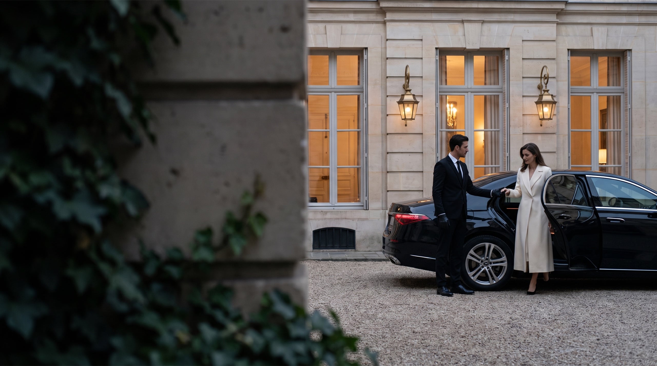 Chauffeur aidant une cliente à sortir d'une Mercedes Classe S dans la cour d'un hôtel particulier