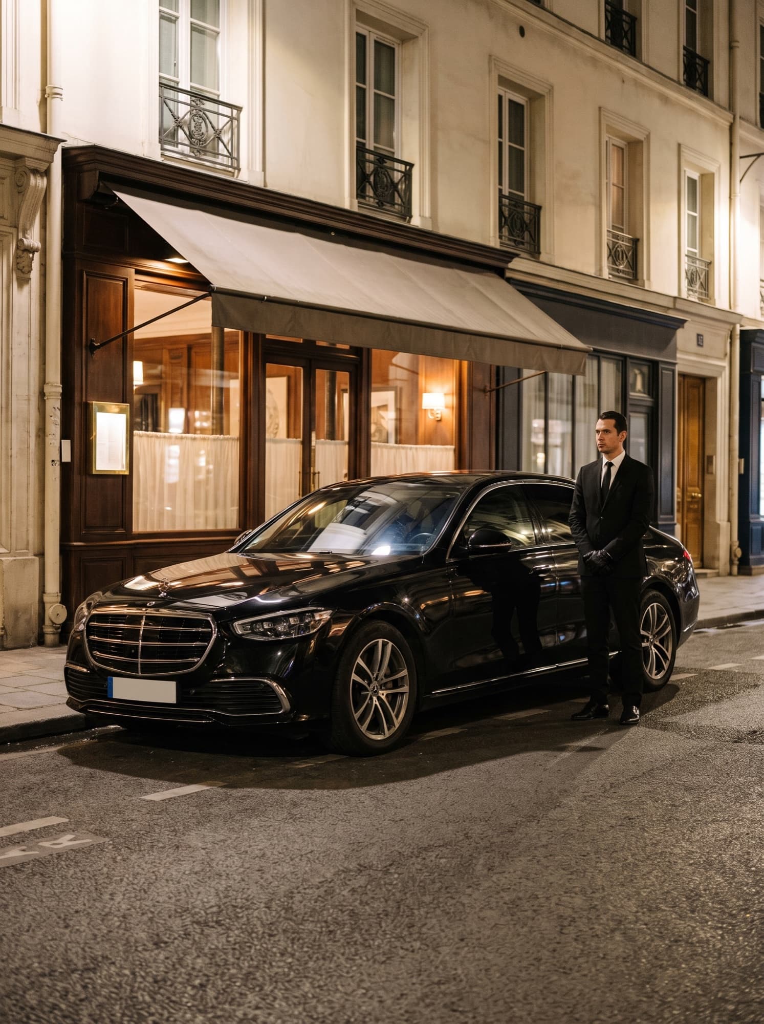 Mercedes Classe S garée devant un restaurant parisien, de nuit, le chauffeur attendant la fin du dîner