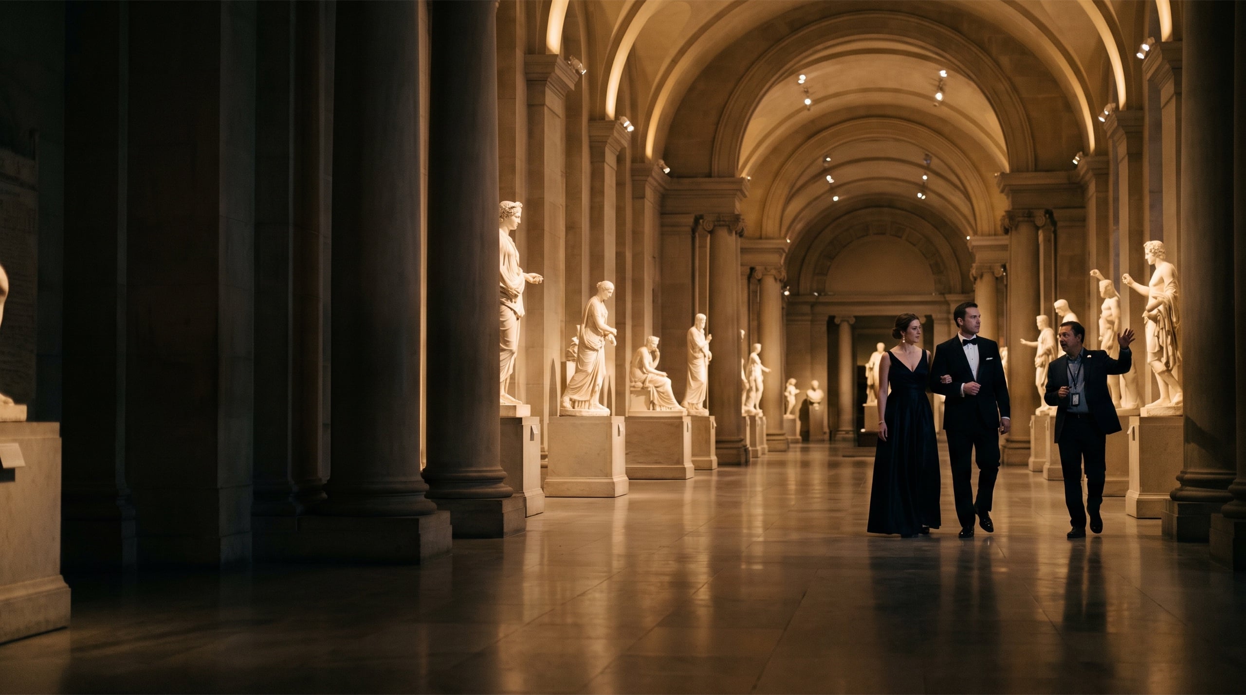 Visite privée d'une galerie de sculptures, de nuit, pour un couple en tenue de soirée