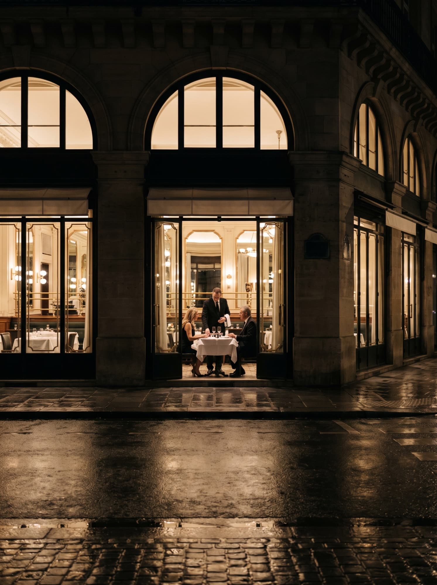 Grande brasserie parisienne vue de la rue, de nuit, un couple servi à table