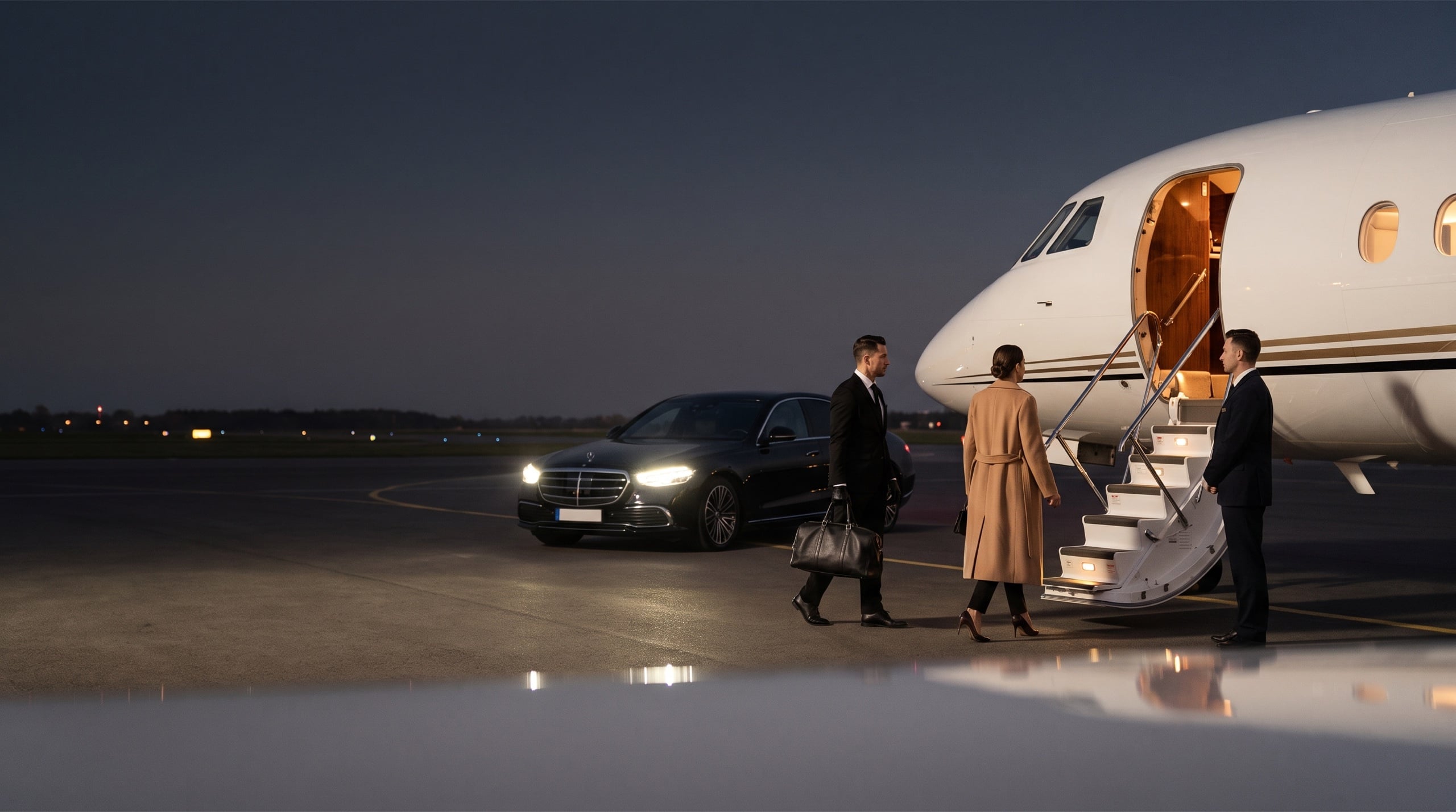 Passagère rejoignant un avion privé à l'heure bleue, son chauffeur portant son sac