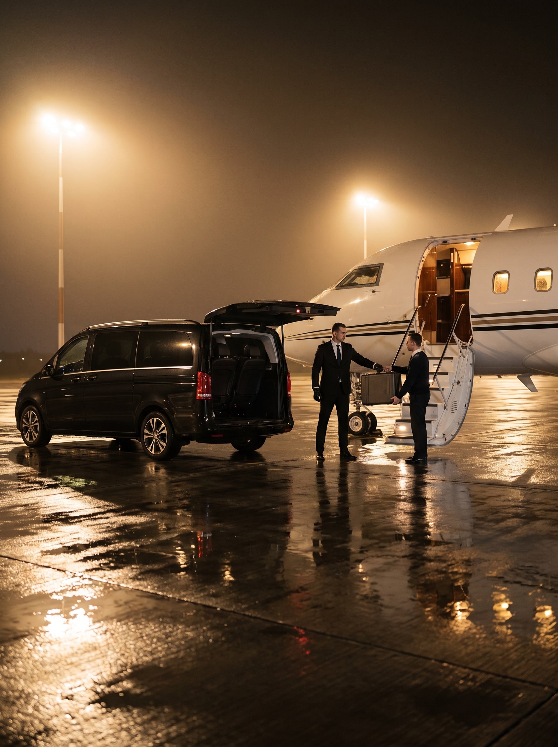 Chauffeur confiant les bagages à l'équipage au pied d'un avion privé, de nuit